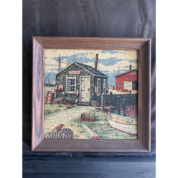 Vtg KAY DEE Prints Linen Framed Picture Rhode Island Lobster Fishing Wall Art - Picture 1 of 7